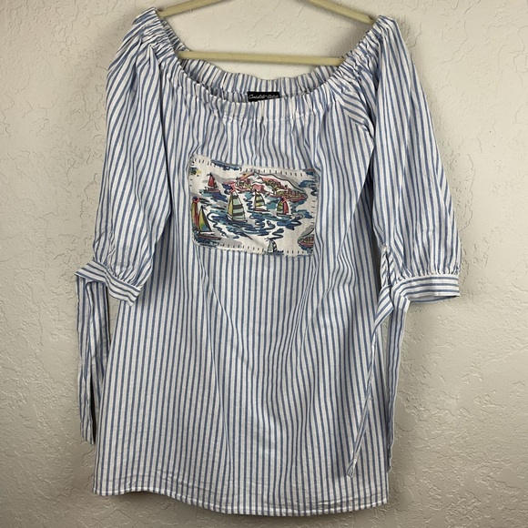 Candalite Petite Striped Off-Shoulder Tunic Top Nautical Print Tie Sleeve Sz XLP - Picture 1 of 6